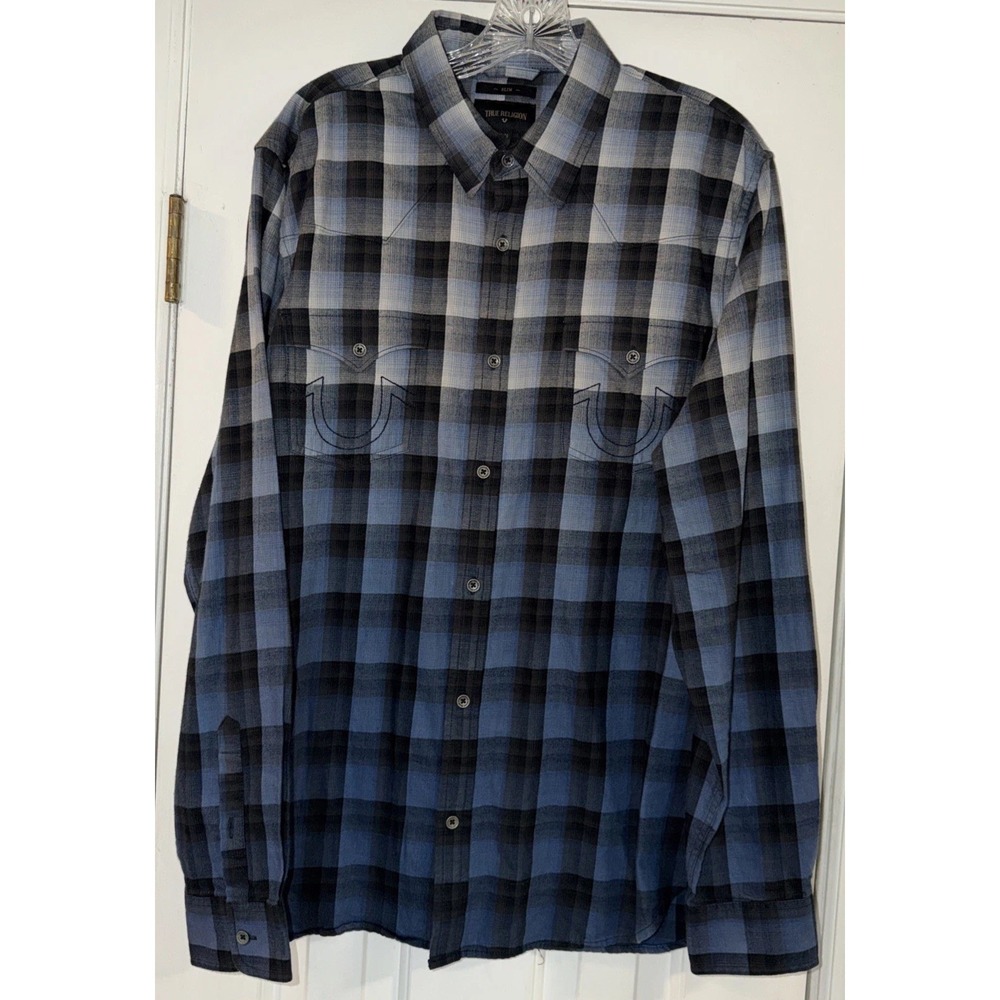 True Religion Shirt Mens XL Plaid Button Up Long Sleeve Embroidered Slim